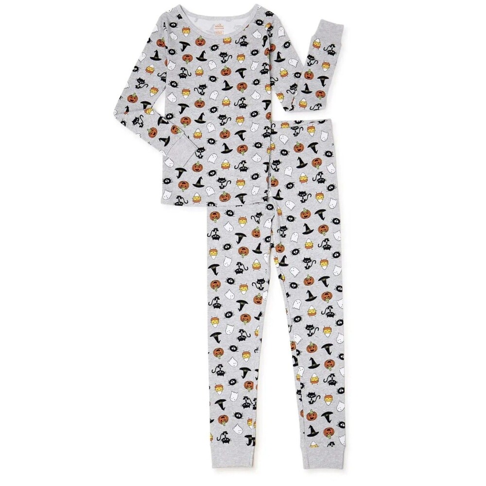 Girls Halloween 2 Piece Pajama Set - Pumpkin, Witch Hat, Spiders, Ghost - Size 4